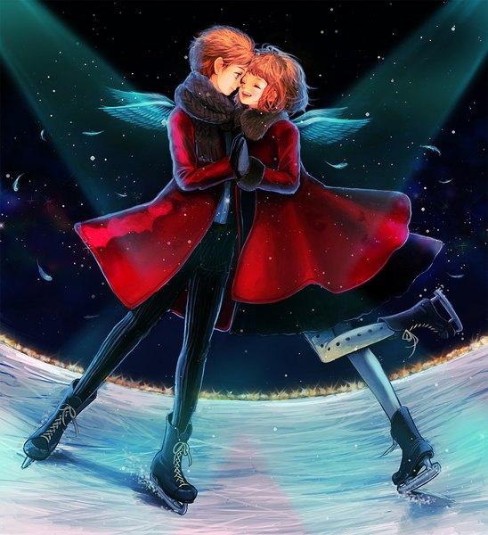 Anime picture 1000x1094 with original nire tall image blush short hair brown hair eyes closed profile night couple holding hands happy girl boy wings scarf feather (feathers) coat winter clothes skates