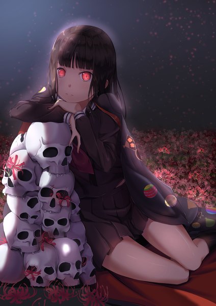 Anime picture 1518x2150 with hell girl studio deen enma ai ye zi you bei jiao ju ge single long hair tall image looking at viewer fringe black hair red eyes sitting blunt bangs long sleeves glowing glowing eye (eyes) girl skirt uniform flower (flowers)