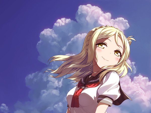 Anime picture 1600x1200 with love live! sunshine!! sunrise (studio) love live! ohara mari ikazuchi no ryougen single long hair blush blonde hair smile standing yellow eyes looking away sky cloud (clouds) upper body braid (braids) wind girl uniform