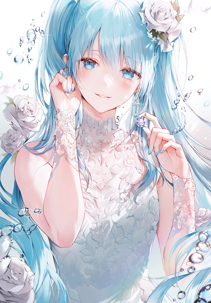 Anime picture 2753x3947 with vocaloid hatsune miku 2sham single long hair tall image looking at viewer blush fringe highres simple background hair between eyes twintails bare shoulders payot upper body nail polish parted lips head tilt hair flower