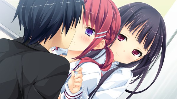 Anime picture 2560x1440 with kanojo to ore to koibito to mihagino ayano marui (koedame) long hair blush highres short hair black hair red eyes wide image purple eyes multiple girls game cg red hair kiss girl boy uniform hair ornament 2 girls