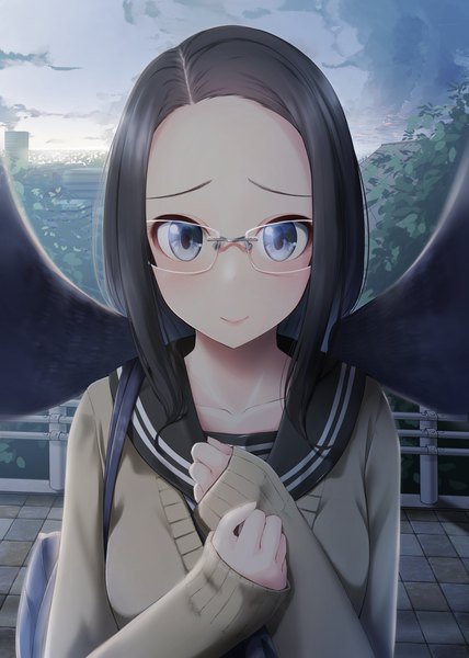 Anime picture 1488x2088 with original nekobaka single long hair tall image looking at viewer blush blue eyes black hair smile sky cloud (clouds) upper body hand on chest sleeves past wrists portrait girl uniform plant (plants) wings