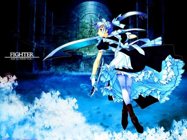 Anime picture 1024x768 with murakami suigun maid wallpaper blue background thighhighs sword