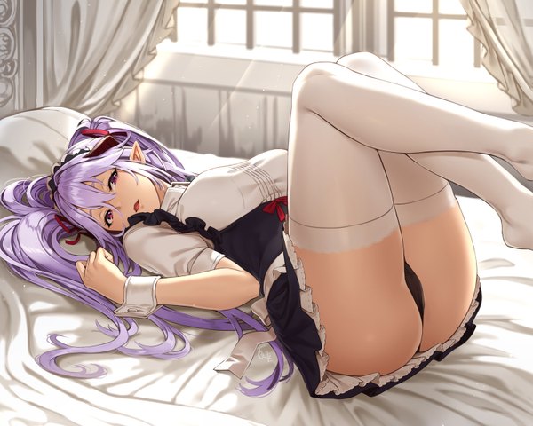 Anime picture 1500x1200 with original houtengeki single long hair open mouth light erotic purple eyes purple hair pointy ears maid girl thighhighs dress uniform underwear panties white thighhighs headdress maid headdress black panties