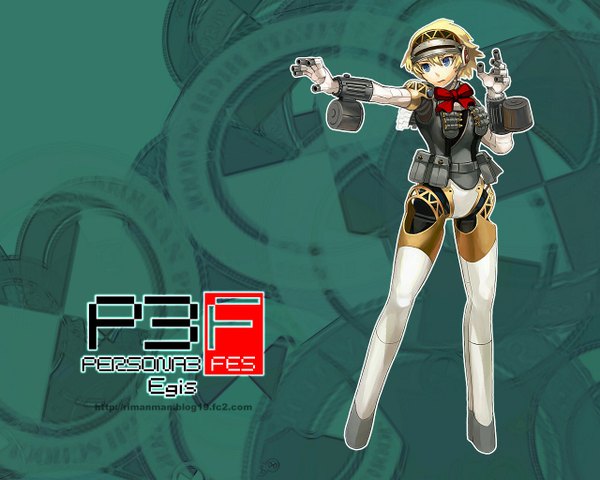 Anime picture 1280x1024 with persona 3 persona aegis single fringe blue eyes blonde hair hair between eyes standing looking away full body copyright name character names arm cannon weapon fanny pack android cartridge