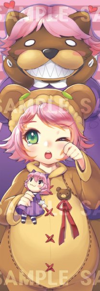 Anime picture 300x863 with league of legends annie (league of legends) tibbers (league of legends) dakun87 (artist) single tall image blush short hair open mouth green eyes pink hair one eye closed wink girl animal suit teardrop doll (dolls) character doll bear