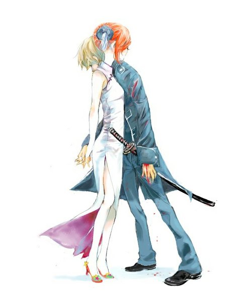 Anime picture 650x800 with gintama sunrise (studio) kagura (gintama) okita sougo lenny-tree tall image short hair blonde hair simple background standing white background eyes closed traditional clothes profile orange hair couple holding hands chinese clothes girl dress