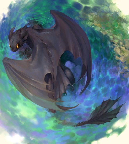 Anime picture 1206x1339 with how to train your dragon dreamworks toothless yadori (frousol) single tall image yellow eyes looking back no people dragon wings plant (plants) animal wings water grass dragon