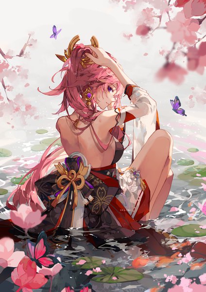 Anime picture 1800x2545 with genshin impact yae miko yeurei single long hair tall image highres sitting purple eyes pink hair profile looking back from behind arms up partially submerged cherry blossoms back bare back girl hair ornament