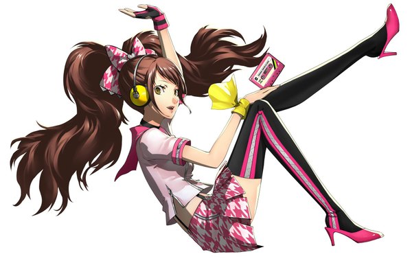 Anime picture 1920x1228 with persona 4 persona kujikawa rise single long hair looking at viewer highres simple background brown hair white background twintails brown eyes girl thighhighs skirt bow hair bow headphones