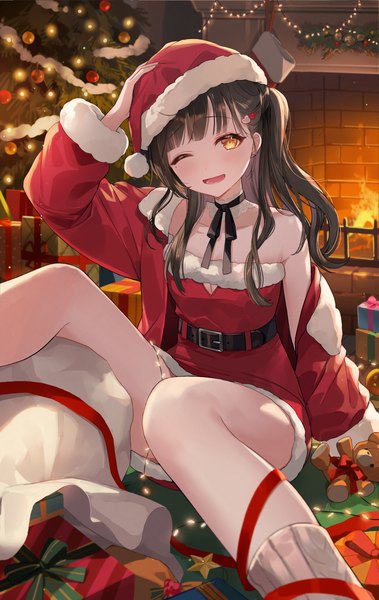 Anime picture 1000x1583 with original nima (niru54) single long hair tall image looking at viewer light erotic black hair sitting yellow eyes indoors one side up christmas hand on head girl ribbon (ribbons) hat belt gift santa claus hat