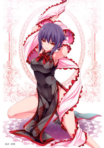 Anime picture 2108x3000 with touhou nagae iku moneti (daifuku) single tall image fringe highres short hair breasts light erotic smile hair between eyes red eyes white background bare shoulders signed looking away purple hair bent knee (knees) traditional clothes