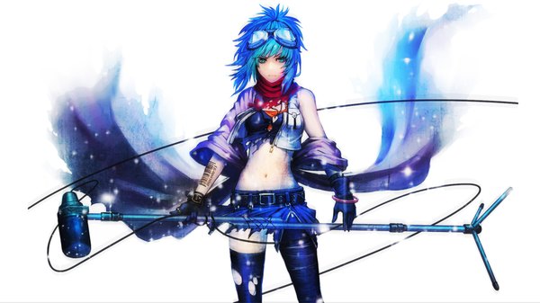 Anime picture 1920x1081 with vocaloid gumi nakamura eito single fringe highres short hair breasts wide image standing holding blue hair aqua eyes off shoulder midriff tattoo heterochromia torn clothes glowing goggles on head