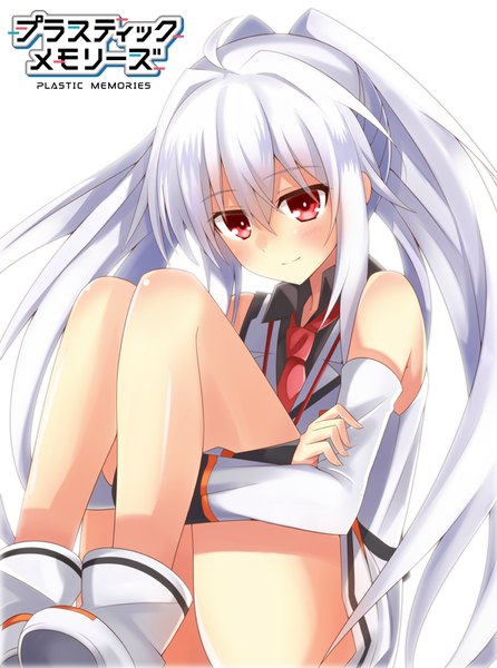 Anime picture 743x1000 with plastic memories isla (plastic memories) komori kuzuyu single long hair tall image blush fringe light erotic simple background hair between eyes red eyes white background sitting twintails bare shoulders payot looking away silver hair ahoge