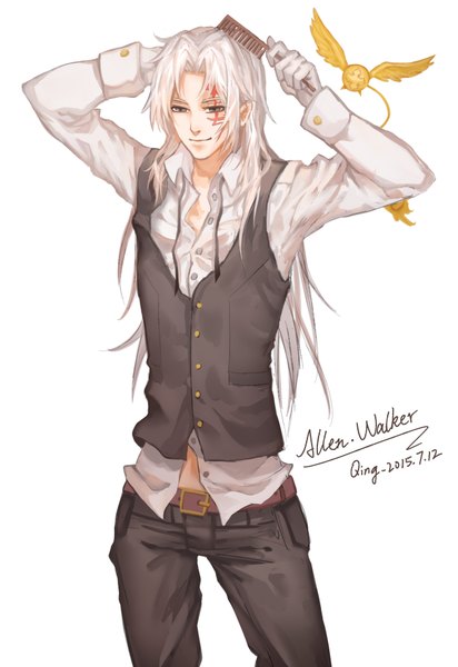Anime picture 1354x1968 with d.gray-man allen walker timcanpy qing heshang single long hair tall image simple background white background signed white hair light smile black eyes bare belly character names facial mark dated looking down hand on head partially open clothes