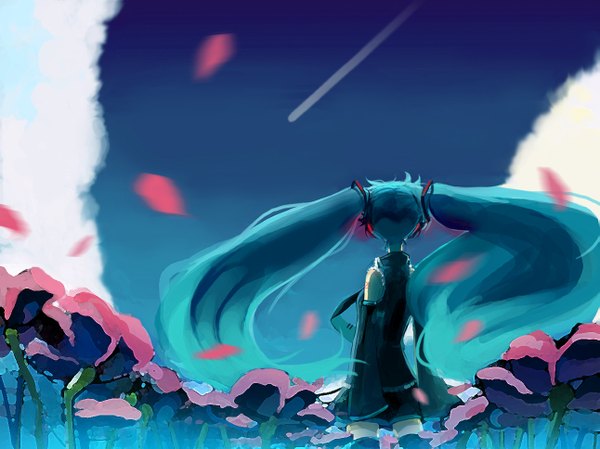 Anime picture 1291x968 with vocaloid hatsune miku shirako mugi (siracomgi) long hair twintails sky green hair girl flower (flowers) detached sleeves petals necktie