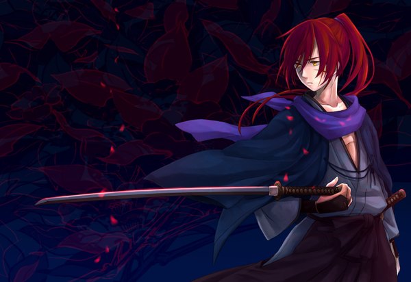 Anime picture 1600x1100 with rurouni kenshin himura kenshin mare (artist) single long hair yellow eyes ponytail red hair traditional clothes japanese clothes scar boy weapon petals sword scarf katana