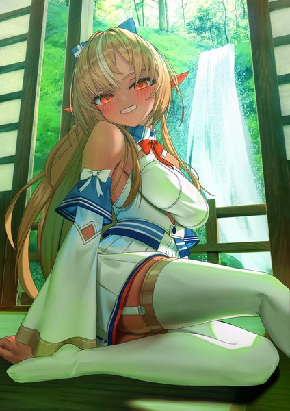 Anime picture 2000x2828 with virtual youtuber hololive shiranui flare shiranui flare (1st costume) yama narashi single long hair tall image looking at viewer blush highres breasts light erotic blonde hair smile large breasts sitting ponytail pointy ears orange eyes