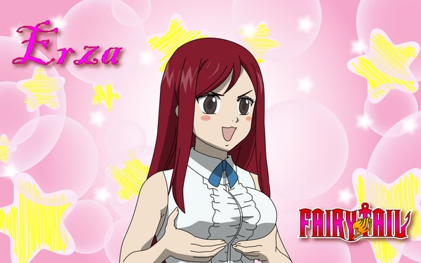 Anime picture 3840x2400 with fairy tail erza scarlet single long hair highres light erotic wide image red hair inscription breast grab :3 girl star (symbol)
