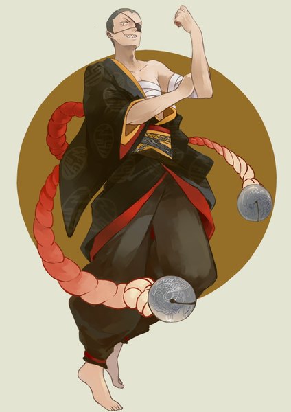 Anime picture 2480x3507 with haikyuu!! production i.g tanaka ryunosuke kibi single tall image looking at viewer highres smile standing traditional clothes japanese clothes barefoot teeth sharp teeth boy kimono obi pants bandage (bandages)