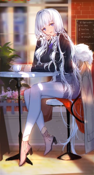 Anime-Bild 1240x2303 mit azur lane illustrious (azur lane) swd3e2 single long hair tall image looking at viewer fringe breasts open mouth smile large breasts sitting purple eyes twintails signed silver hair full body bent knee (knees) blunt bangs