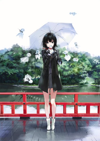 Anime picture 1124x1586 with original tiv single tall image looking at viewer fringe short hair black hair hair between eyes standing holding full body blunt bangs long sleeves black eyes bare legs reflection rain covered mouth girl