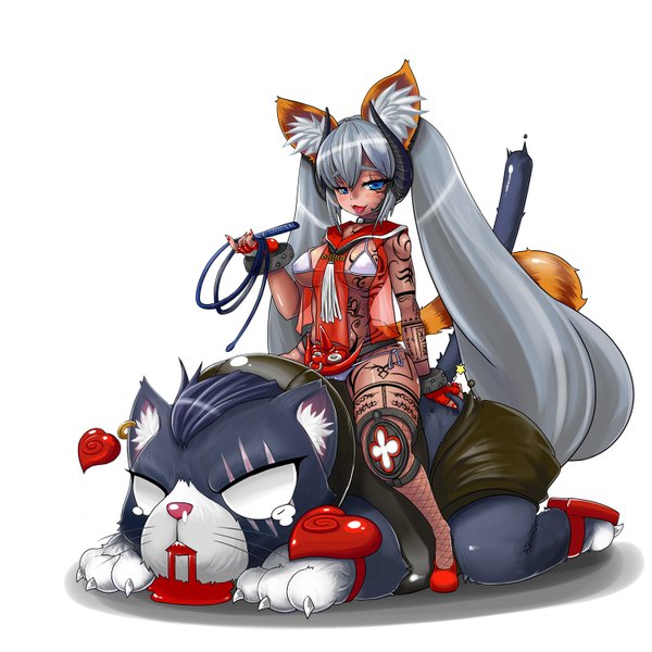 Anime picture 1500x1500 with blade & soul lyn (blade & soul) wu ming (artist) single blush blue eyes light erotic simple background white background twintails animal ears tail very long hair animal tail horn (horns) grey hair tattoo riding girl underwear