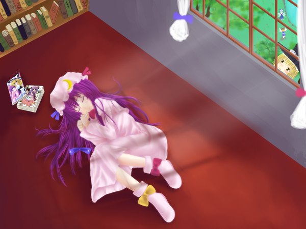 Anime picture 3600x2700 with touhou kirisame marisa patchouli knowledge cirno moriya suwako highres absurdres sleeping girl ribbon (ribbons) hat book (books)