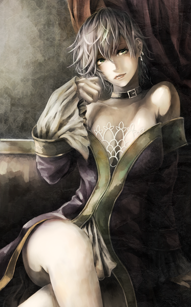 Anime picture 870x1400 with original akaikitsune single tall image looking at viewer short hair breasts light erotic sitting silver hair aqua eyes no bra crossed legs girl earrings belt