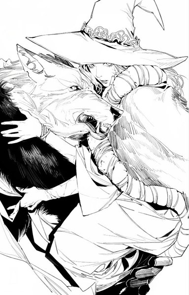 Anime-Bild 583x911 mit elden ring ranni the witch blaidd the half-wolf megasus long hair tall image looking at viewer simple background white background hug monochrome witch extra arms girl boy hat witch hat furry