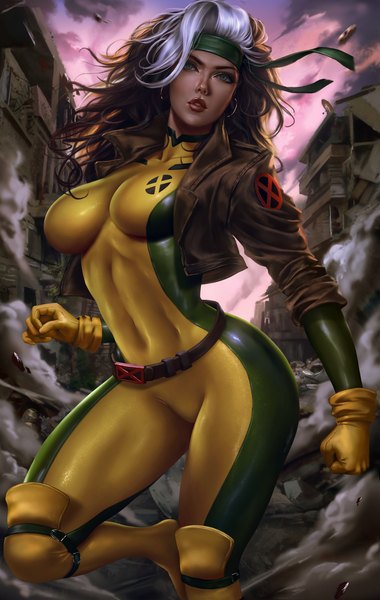Anime picture 3460x5469 with x-men marvel comics rogue (x-men) logan cure single long hair tall image looking at viewer highres breasts blue eyes light erotic brown hair large breasts standing absurdres sky cloud (clouds) outdoors parted lips