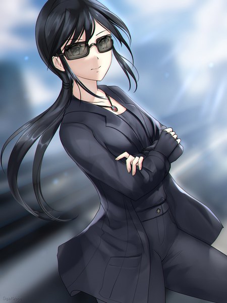 Anime picture 750x1000 with original gigamessy single long hair tall image looking at viewer fringe black hair hair between eyes standing payot wind blurry grey eyes low ponytail crossed arms girl gloves black gloves fingerless gloves