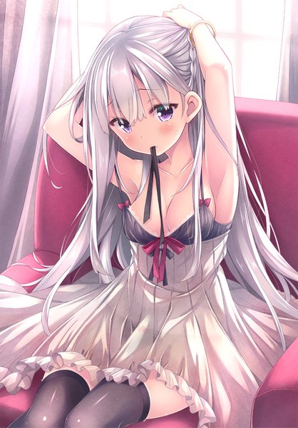 Anime picture 1100x1577 with original ryo (botugo) single long hair tall image looking at viewer blush fringe breasts light erotic sitting purple eyes bare shoulders holding cleavage silver hair indoors braid (braids) arms up zettai ryouiki
