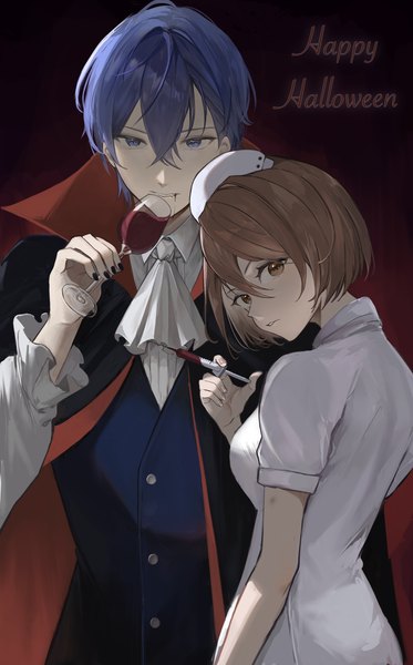 Anime picture 1322x2126 with vocaloid kaito (vocaloid) meiko yukihira makoto tall image looking at viewer fringe short hair blue eyes simple background hair between eyes brown hair brown eyes blue hair upper body nail polish looking back halloween nurse vampire