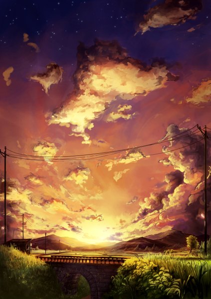 Anime picture 988x1400 with original yashigaras tall image sky cloud (clouds) sunlight evening sunset mountain no people sunbeam plant (plants) tree (trees) grass sun bridge power lines