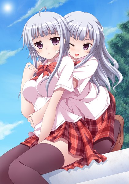 Anime picture 1213x1723 with ben-tou david production sawagi kyou (elder) sawagi kyou (younger) yaemahi (artist) long hair tall image blush open mouth purple eyes multiple girls silver hair one eye closed wink legs hug siblings girl thighhighs skirt