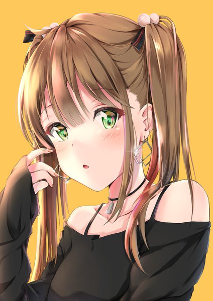 Anime picture 2894x4093 with original cuna (qunya) single long hair tall image looking at viewer blush fringe highres open mouth simple background hair between eyes brown hair bare shoulders green eyes long sleeves nail polish portrait girl earrings