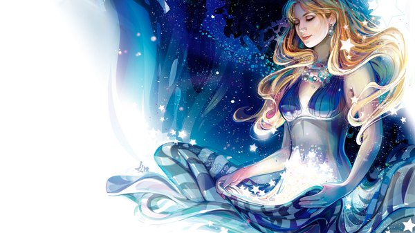 Anime picture 1920x1080 with original limkis single long hair highres simple background blonde hair wide image holding eyes closed light smile lips skirt lift space girl dress skirt earrings choker star (stars)