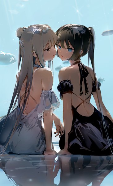 Anime picture 1027x1685 with original anmi long hair tall image blush fringe open mouth blue eyes black hair hair between eyes sitting bare shoulders multiple girls payot ponytail looking back grey hair from behind arm support hair bun (hair buns)
