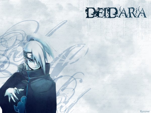 Anime picture 1280x960 with naruto studio pierrot naruto (series) deidara fringe upper body ponytail nail polish hair over one eye grey background character names monochrome outstretched hand akatsuki cloak forehead protector
