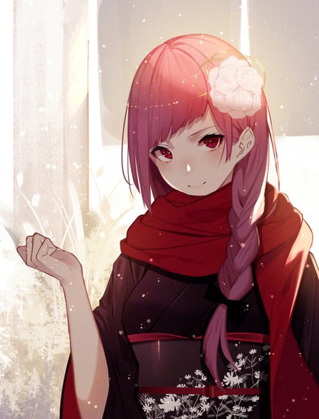 Anime picture 950x1250 with original kisui single long hair tall image looking at viewer blush fringe smile red eyes standing pink hair upper body outdoors blunt bangs braid (braids) traditional clothes japanese clothes wide sleeves single braid
