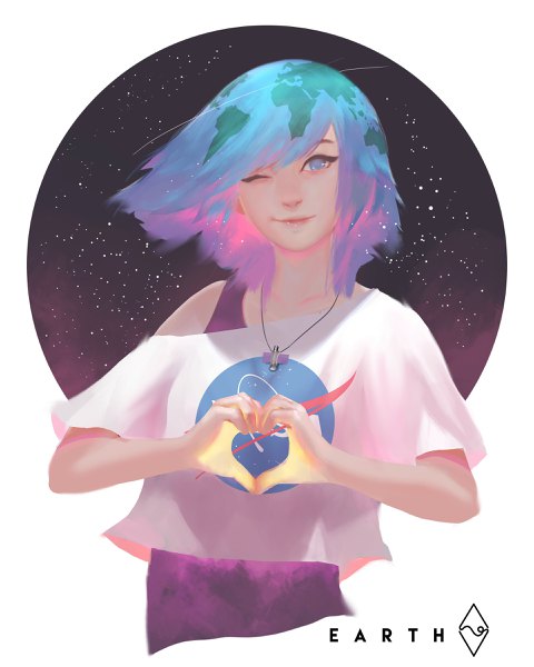 Anime picture 1920x2400 with original earth-chan mangamie single tall image looking at viewer highres short hair blue eyes blue hair upper body one eye closed wink character names heart hands girl pendant star (stars)