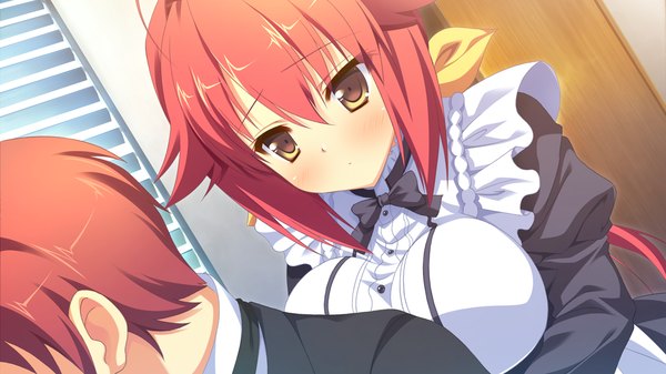 Anime picture 1280x720 with naka no hito nado inai kamishiro yuka nimura yuuji long hair blush light erotic wide image yellow eyes game cg ponytail red hair maid girl