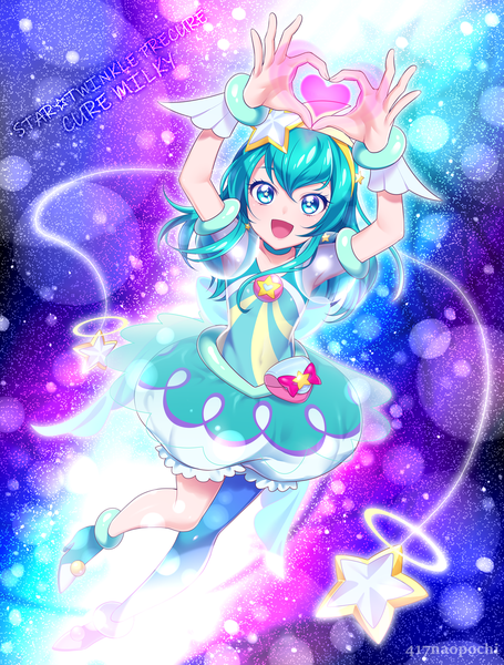 Аниме картинка 1138x1500 с прикюа star twinkle precure toei animation hagoromo lala cure milky 0417nao один (одна) высокое изображение смотрит на зрителя чёлка короткие волосы открытый рот улыбка подписанный всё тело :d глаза цвета морской волны волосы цвета морской волны поднятые руки короткие рукава