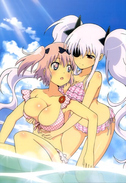 Anime picture 4091x5929 with senran kagura nyantype yagyuu (senran kagura) hibari (senran kagura) long hair tall image highres short hair breasts blue eyes light erotic red eyes large breasts twintails multiple girls pink hair absurdres white hair official art girl