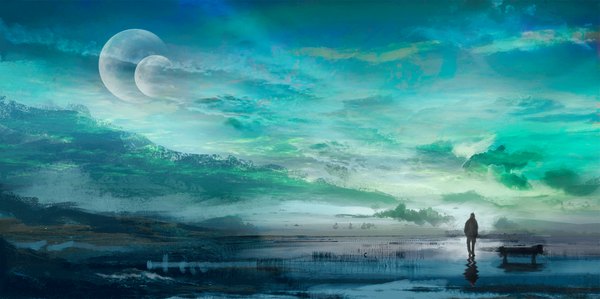 Anime picture 2000x998 with original alex (artist) single highres wide image standing sky cloud (clouds) reflection ambiguous gender water moon bench