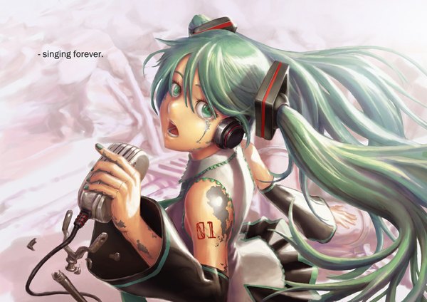 Anime picture 1132x800 with vocaloid hatsune miku dn (pixiv) single open mouth twintails nail polish looking back aqua eyes aqua hair inscription singing destruction girl detached sleeves microphone android