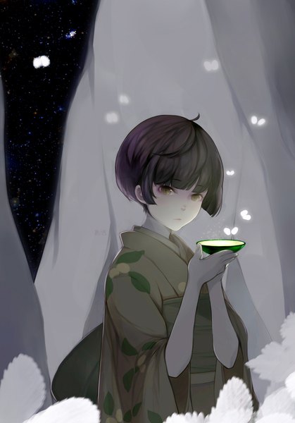 Anime picture 1401x2004 with mushishi renzu (mushishi) maorzshu single tall image looking at viewer short hair black hair brown eyes japanese clothes glowing girl kimono insect butterfly cup child (children)