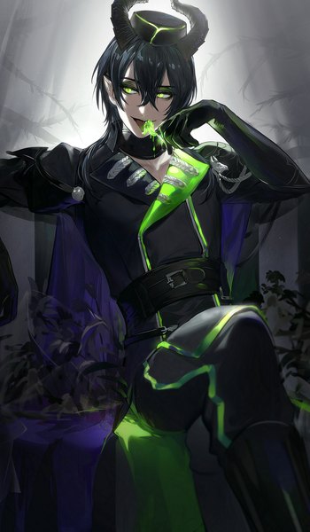 Anime picture 1312x2247 with twisted wonderland malleus draconia towa mydream single long hair tall image looking at viewer fringe black hair hair between eyes sitting green eyes horn (horns) pointy ears crossed legs licking boy gloves hat black gloves