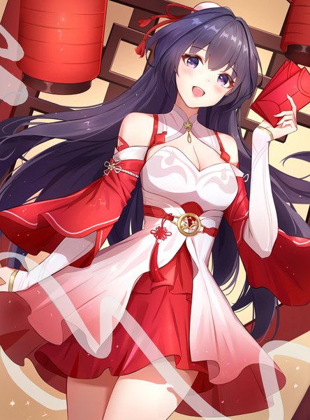 Anime picture 2600x3508 with honkai impact 3rd benghuai xueyuan honkai (series) raiden mei wu ganlan cai single long hair tall image looking at viewer blush fringe highres breasts open mouth smile hair between eyes standing purple eyes bare shoulders holding